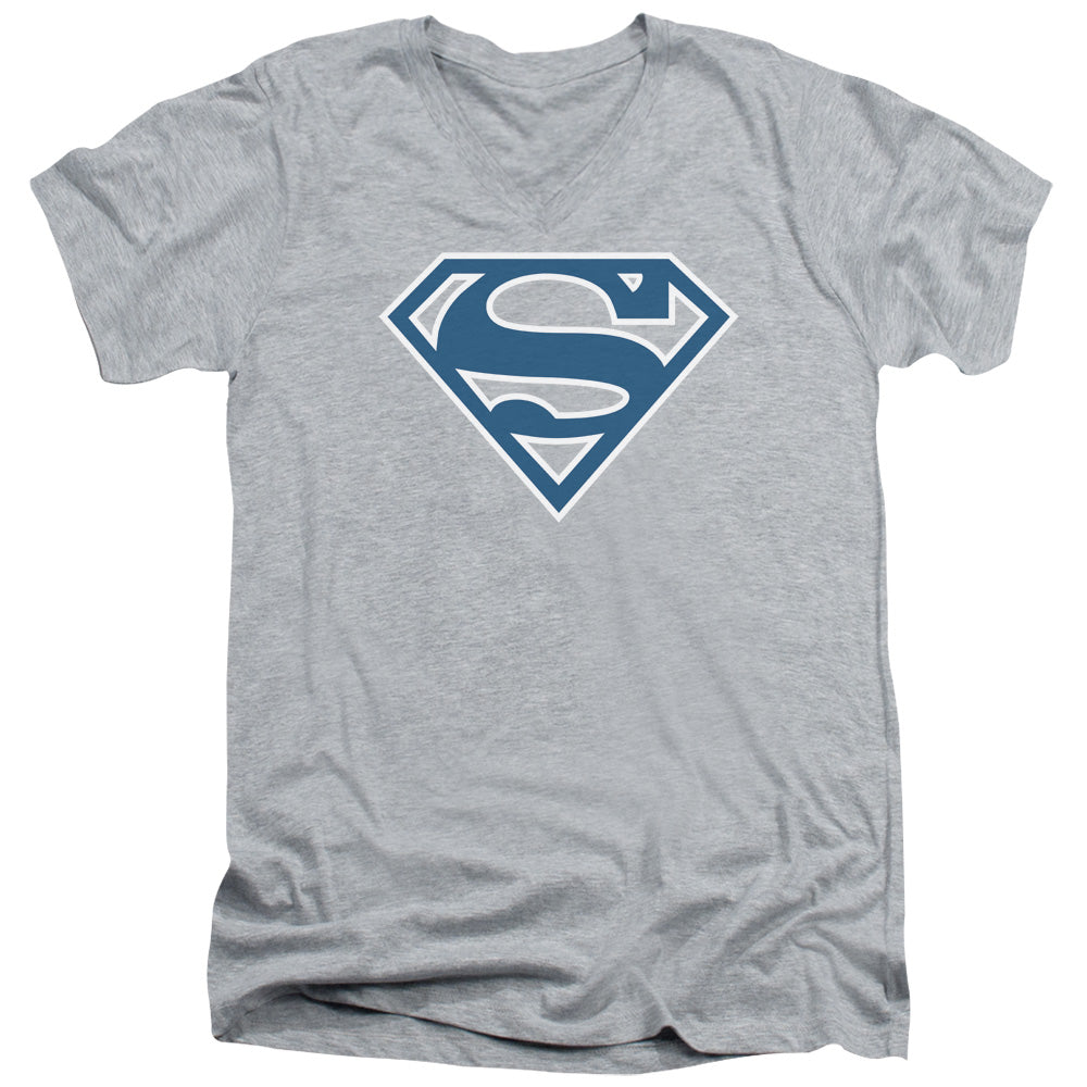 Superman Blue & White Shield S S Adult V Neck Athletic Heather