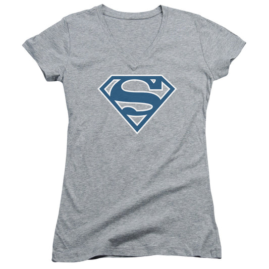 Superman Blue & White Shield Junior Sheer Cap Sleeve V Neck Womens T Shirt Athletic Heather