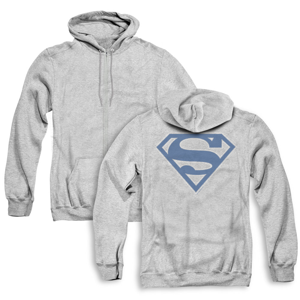 Superman Blue & White Shield Back Print Zipper Mens Hoodie Athletic Heather