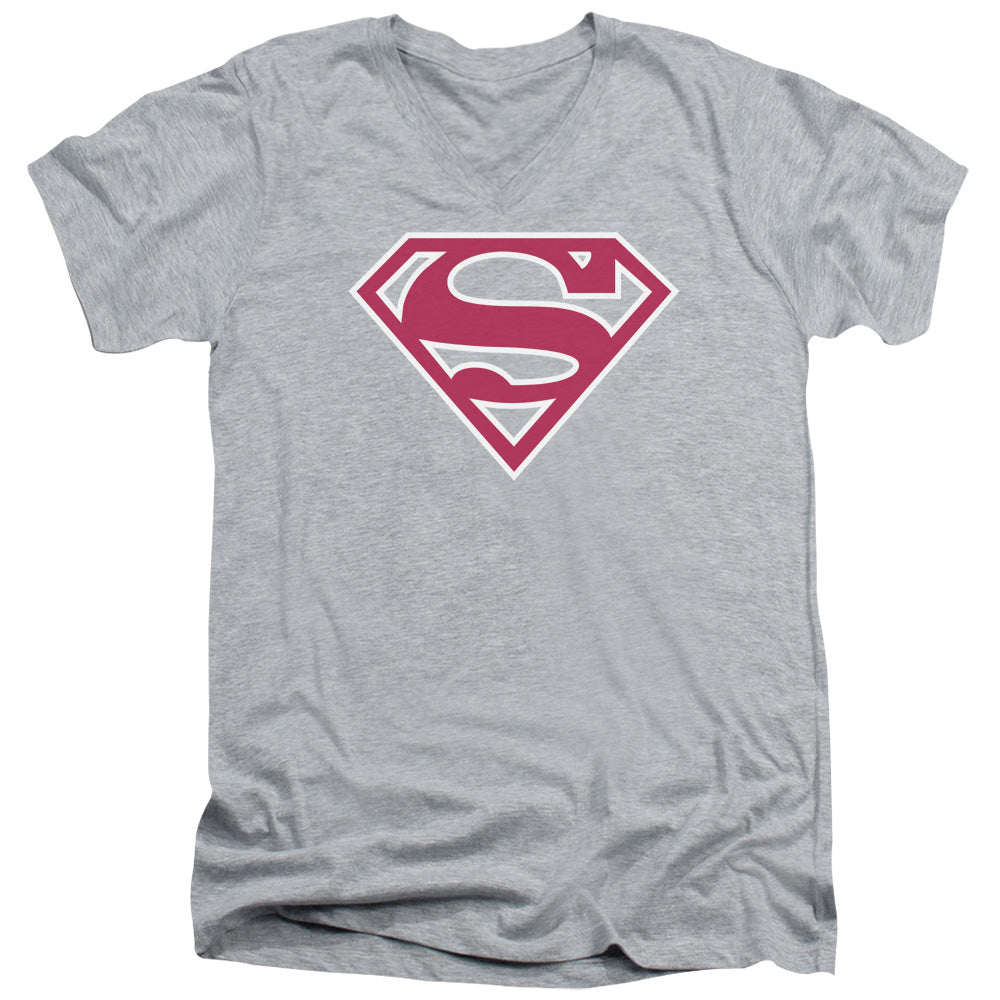 Superman Red & White Shield S S Adult V Neck Athletic Heather