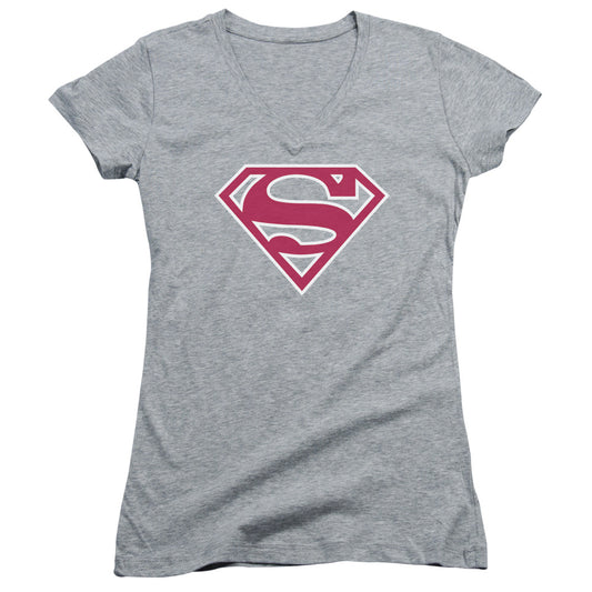 Superman Red & White Shield Junior Sheer Cap Sleeve V Neck Womens T Shirt Athletic Heather