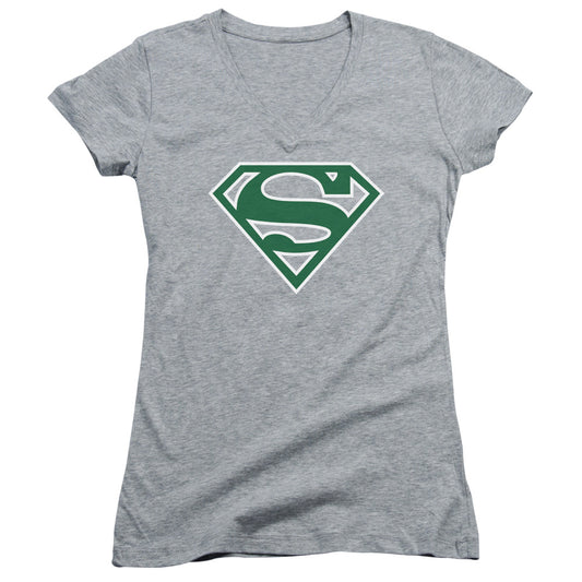 Superman Green & White Shield Junior Sheer Cap Sleeve V Neck Womens T Shirt Athletic Heather