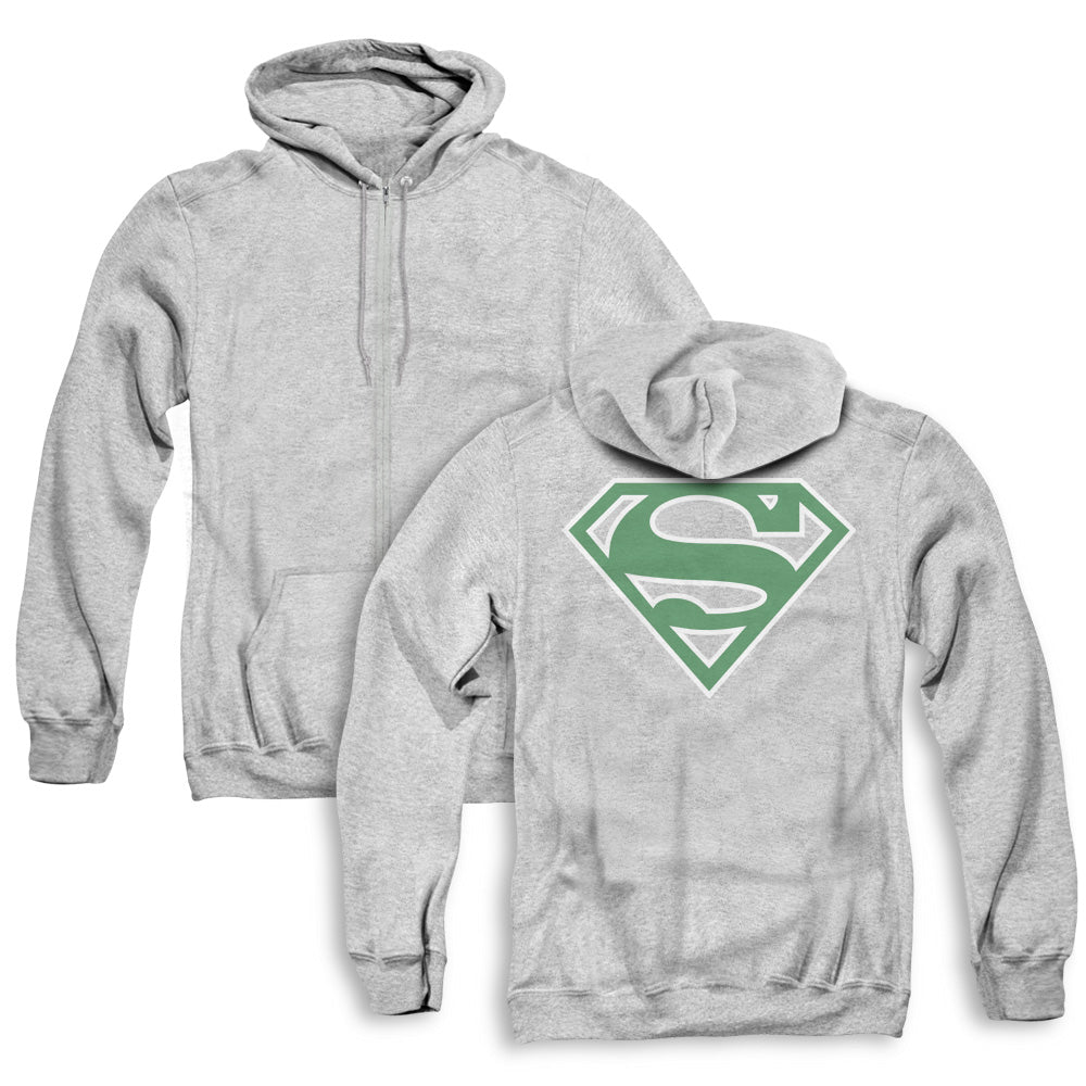 Superman Green & White Shield Back Print Zipper Mens Hoodie Athletic Heather