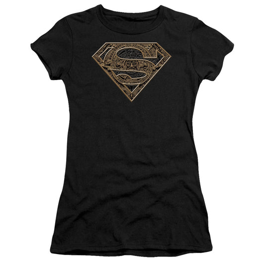 Superman Aztec Shield Junior Sheer Cap Sleeve Womens T Shirt Black