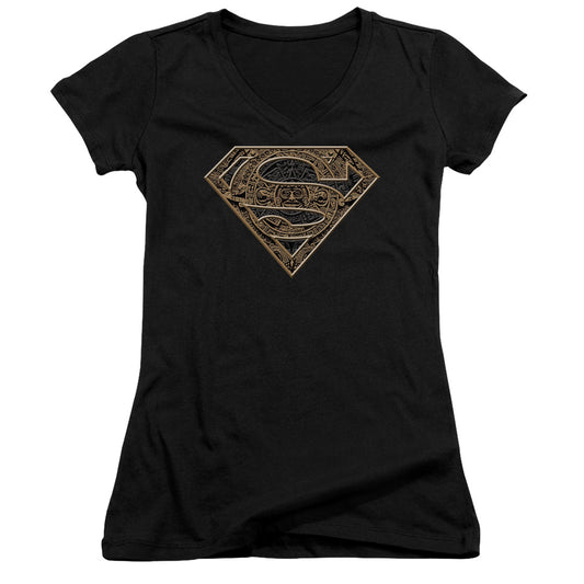 Superman Aztec Shield Junior Sheer Cap Sleeve V Neck Womens T Shirt Black