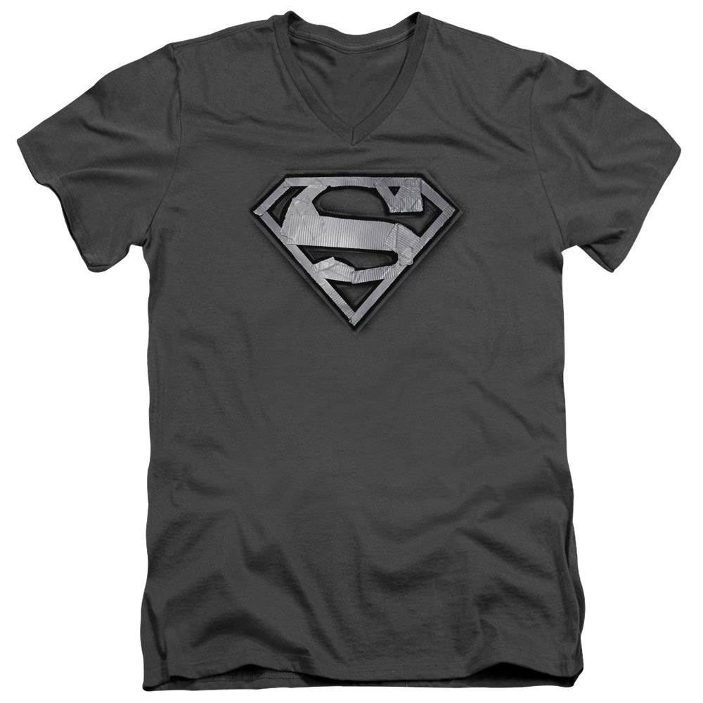 Superman Duct Tape Shield S S Adult V Neck Charcoal