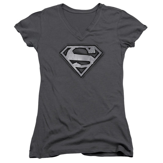 Superman Duct Tape Shield Junior Sheer Cap Sleeve V Neck Womens T Shirt Charcoal