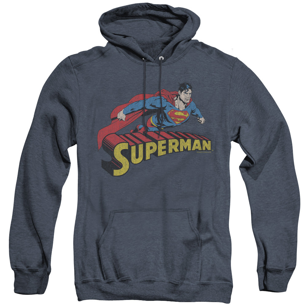 Superman Flying Over Mens Heather Hoodie Navy