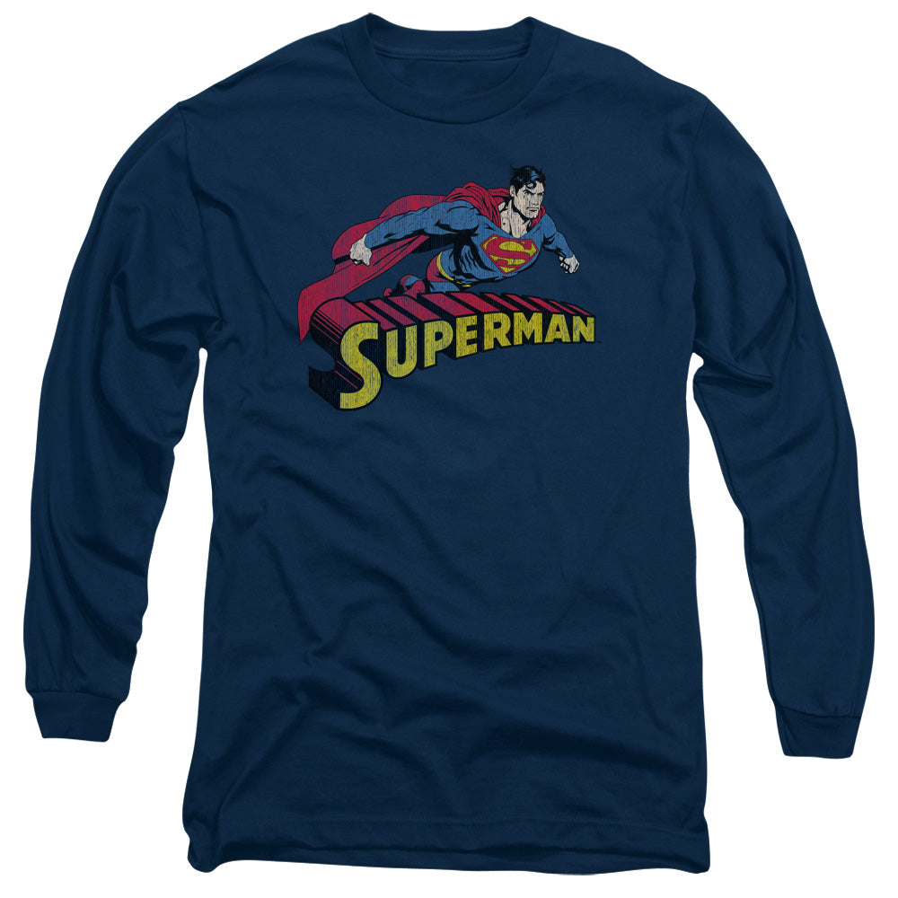 Superman Flying Over Mens Long Sleeve Shirt Navy