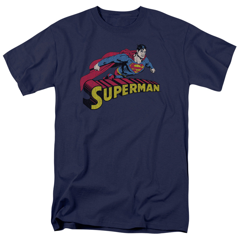Superman Flying Over Mens T Shirt Navy Blue