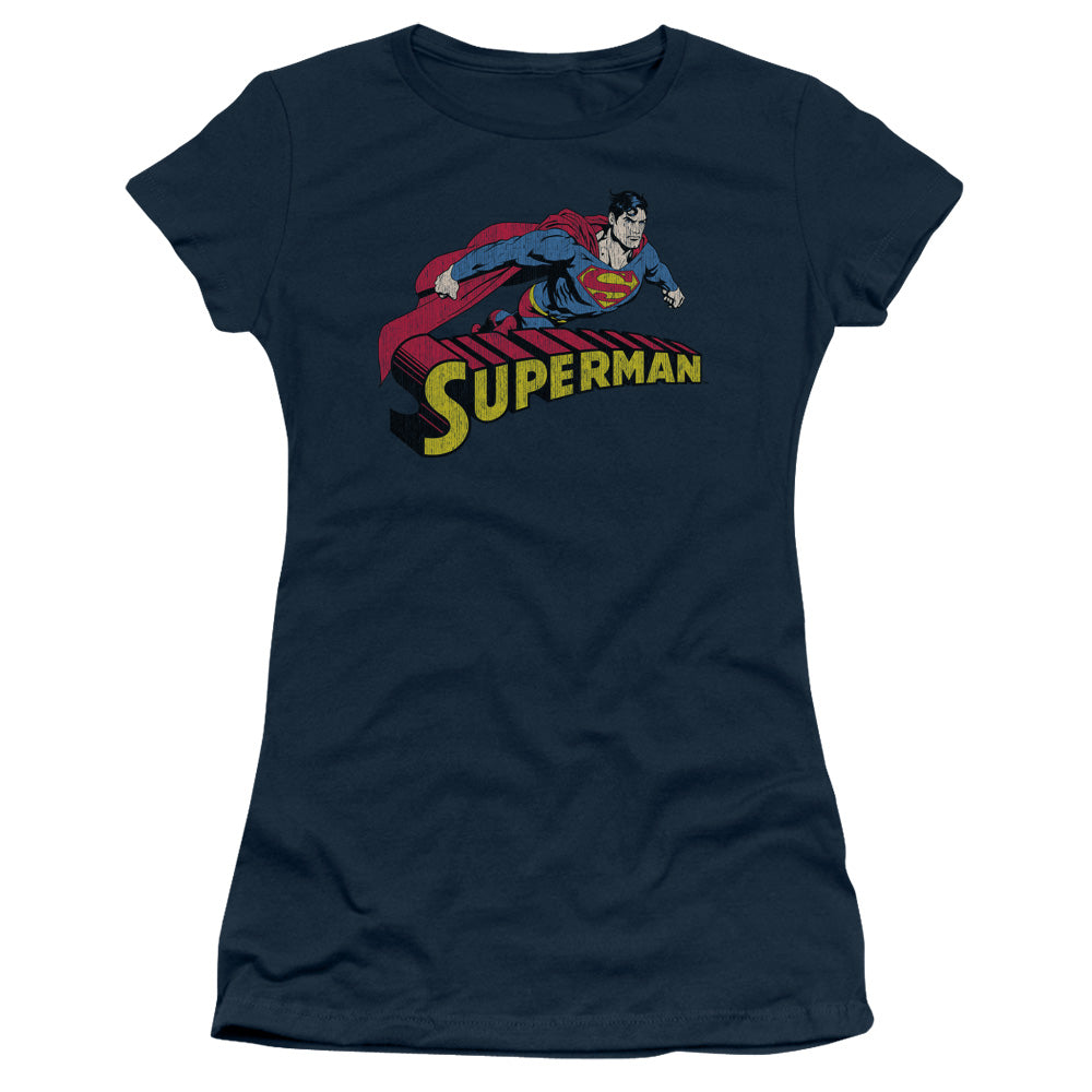 Superman Flying Over Junior Sheer Cap Sleeve Womens T Shirt Navy