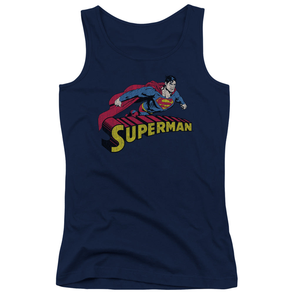 Superman Flying Over Womens Tank Top Shirt Navy