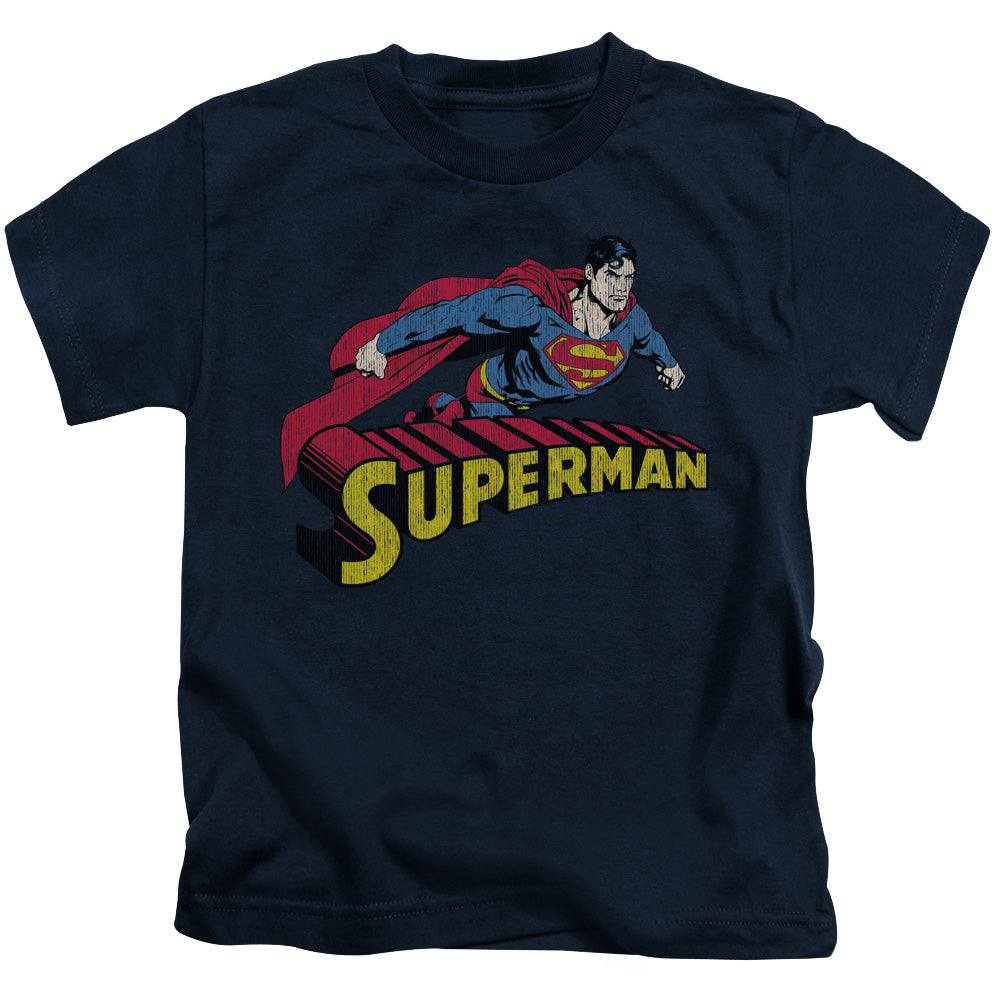 Superman Flying Over Juvenile Kids Youth T Shirt Navy