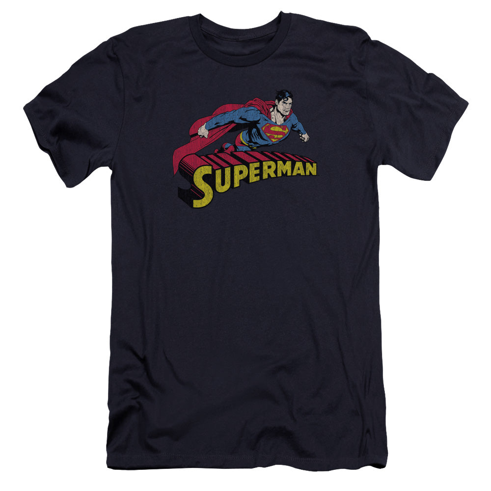 Superman Flying Over Premium Bella Canvas Slim Fit Mens T Shirt Navy