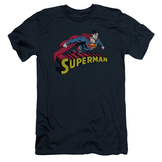 Superman Flying Over Slim Fit Mens T Shirt Navy