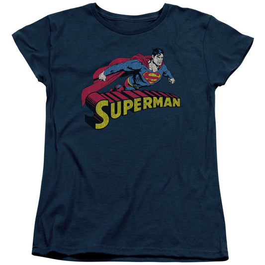 Superman Flying Over Womens T Shirt Navy