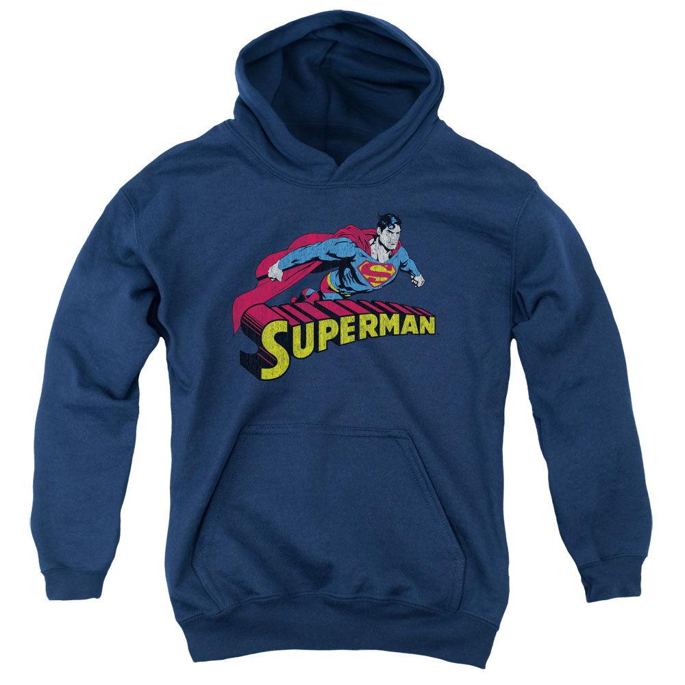 Superman Flying Over Kids Youth Hoodie Navy