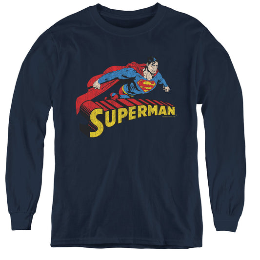 Superman Flying Over Long Sleeve Kids Youth T Shirt Navy