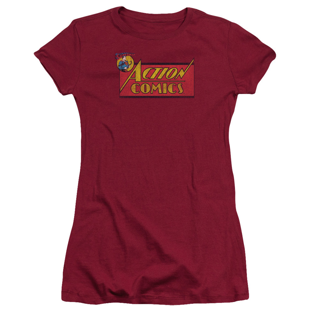 Superman Action Comics Logo Junior Sheer Cap Sleeve Womens T Shirt Cardinal