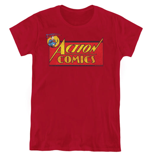 Superman Action Comics Logo Womens T Shirt Cardinal