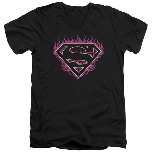 Superman Fuchsia Flames Mens Slim Fit V Neck T Shirt Black