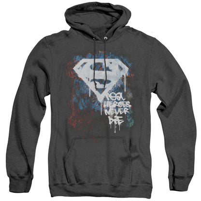 Superman Real Heroes Never Die Mens Heather Hoodie Black