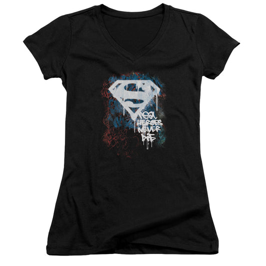 Superman Real Heroes Never Die Junior Sheer Cap Sleeve V Neck Womens T Shirt Black