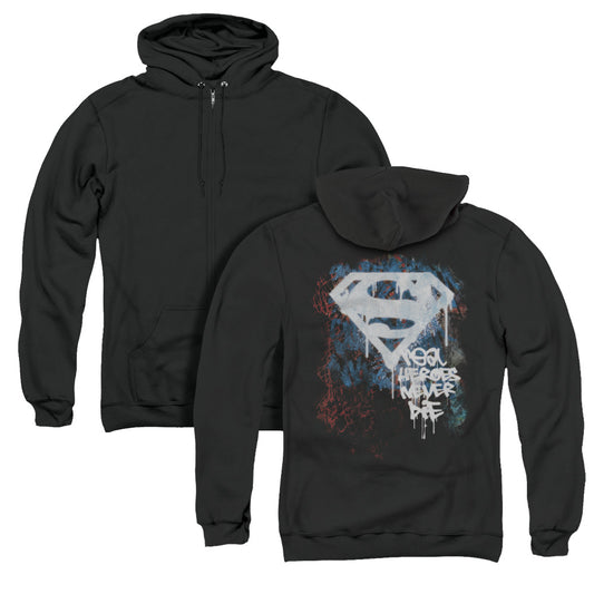 Superman Real Heroes Never Die Back Print Zipper Mens Hoodie Black