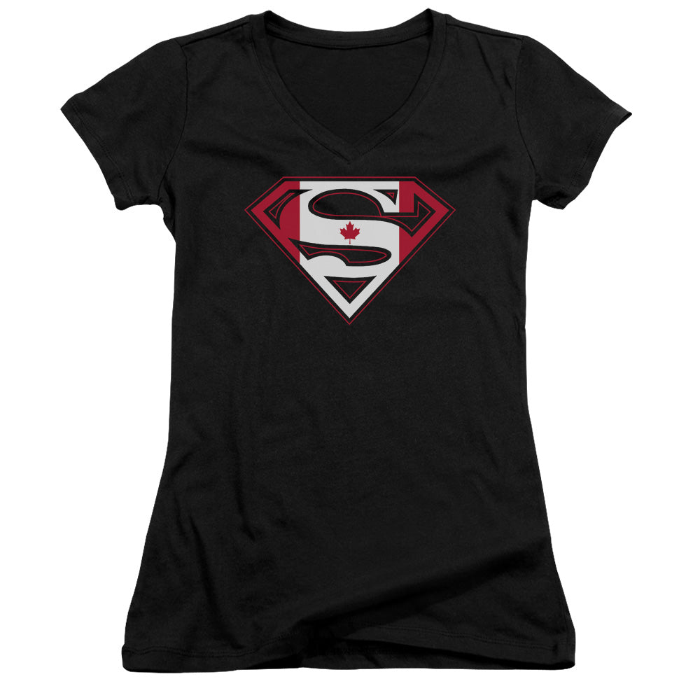 Superman Canadian Shield Junior Sheer Cap Sleeve V Neck Womens T Shirt Black