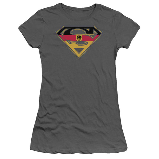 Superman German Shield Junior Sheer Cap Sleeve Womens T Shirt Charcoal