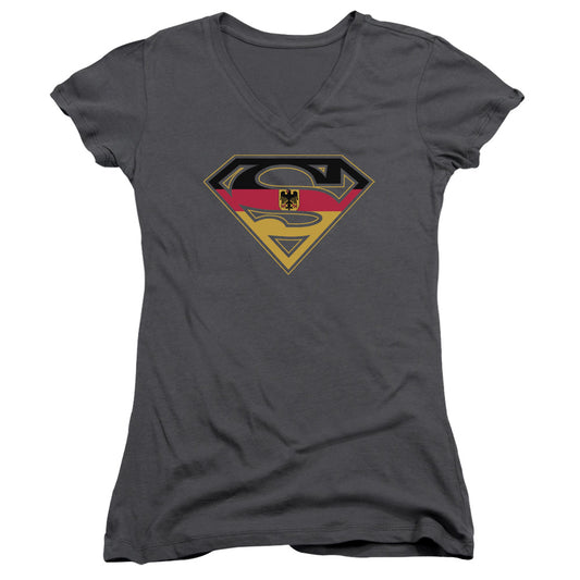 Superman German Shield Junior Sheer Cap Sleeve V Neck Womens T Shirt Charcoal