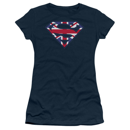 Superman Great Britian Shield Junior Sheer Cap Sleeve Womens T Shirt Navy