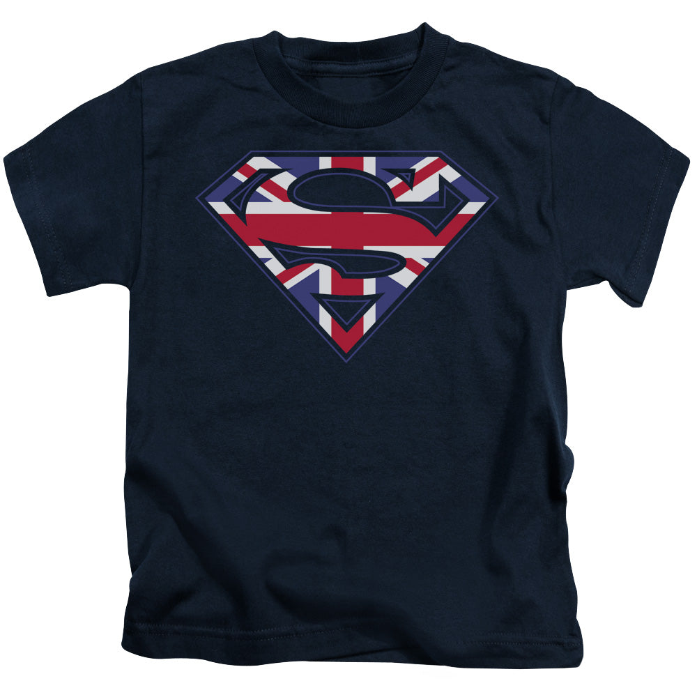 Superman Great Britian Shield Juvenile Kids Youth T Shirt Navy