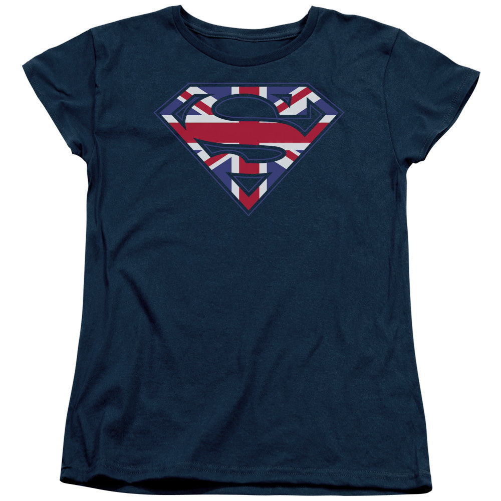 Superman Great Britian Shield Womens T Shirt Navy