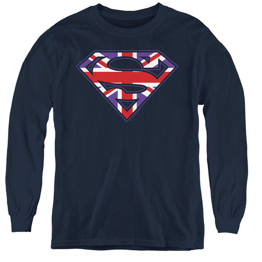 Superman Great Britian Shield Long Sleeve Kids Youth T Shirt Navy