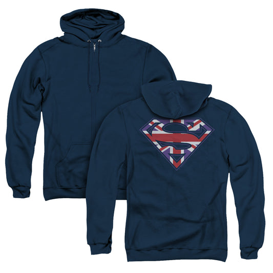 Superman Great Britian Shield Back Print Zipper Mens Hoodie Navy