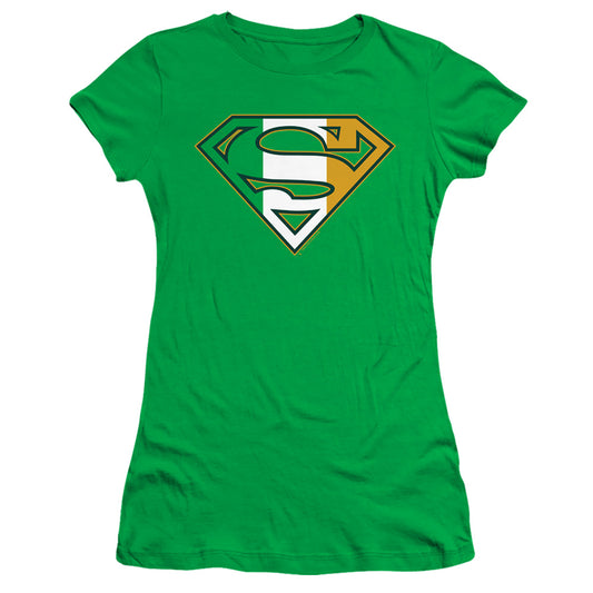 Superman Irish Shield Junior Sheer Cap Sleeve Womens T Shirt Kelly Green