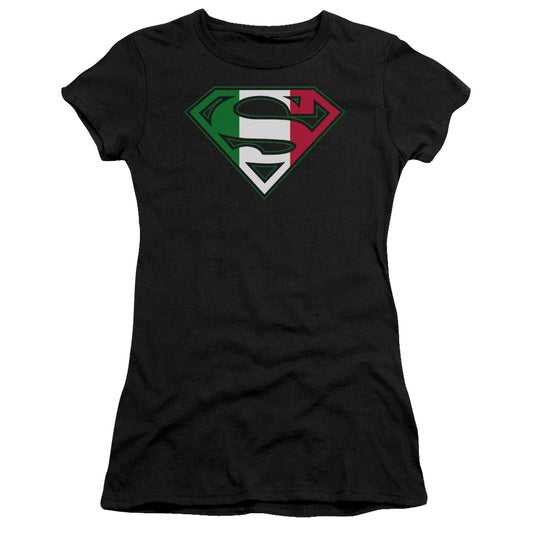 Superman Italian Shield Junior Sheer Cap Sleeve Womens T Shirt Black