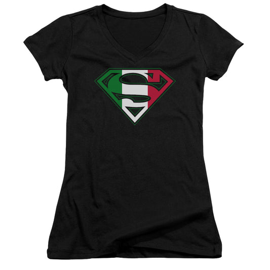 Superman Italian Shield Junior Sheer Cap Sleeve V Neck Womens T Shirt Black