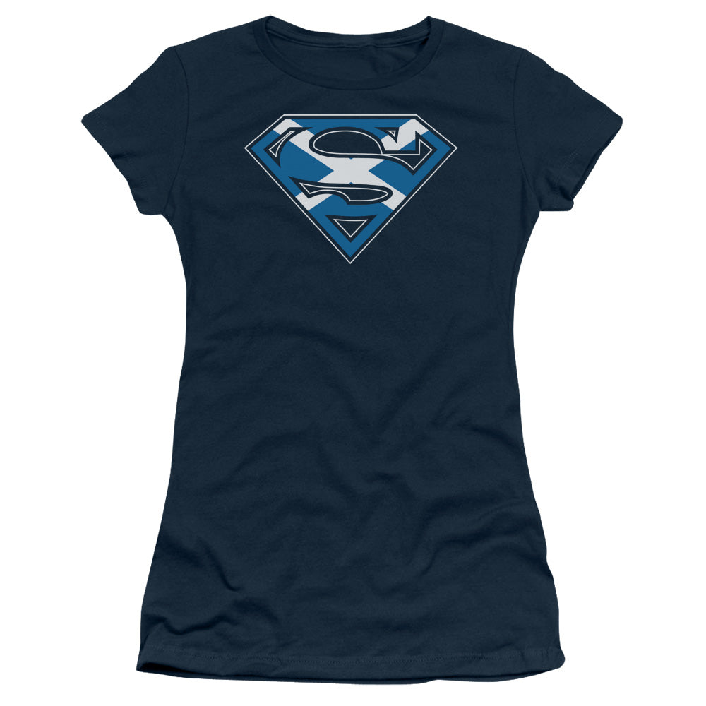 Superman Scottish Shield Junior Sheer Cap Sleeve Womens T Shirt Navy