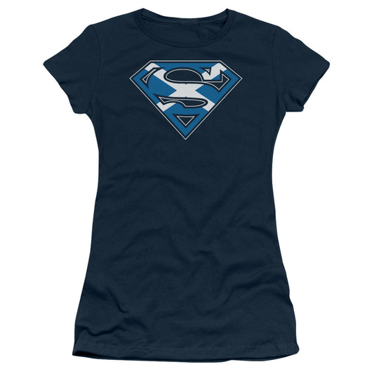 Superman Scottish Shield Junior Sheer Cap Sleeve Womens T Shirt Navy