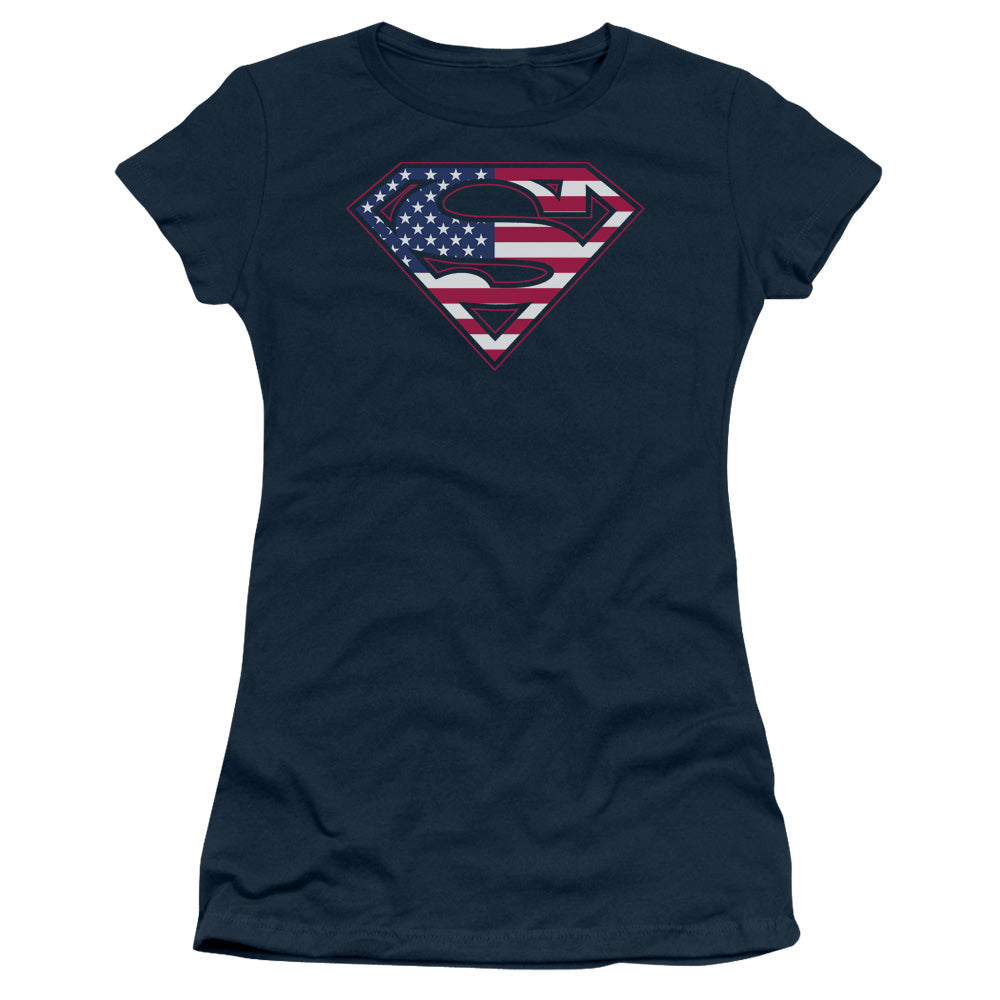 Superman U S Shield Junior Sheer Cap Sleeve Womens T Shirt Navy