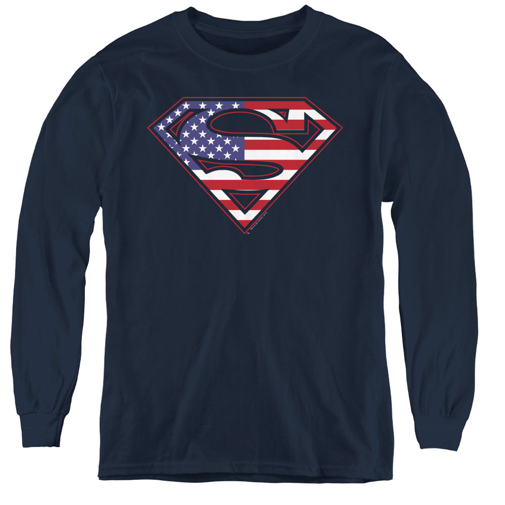 Superman U S Shield Long Sleeve Kids Youth T Shirt Navy