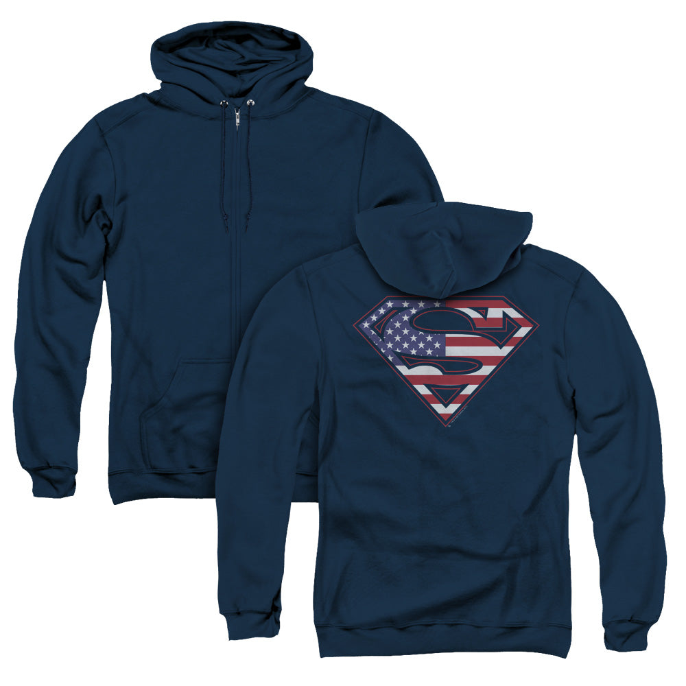 Superman U S Shield Back Print Zipper Mens Hoodie Navy