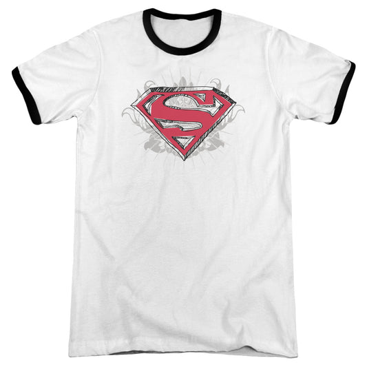 Superman Hastily Drawn Shield Heather Ringer Mens T Shirt White Black