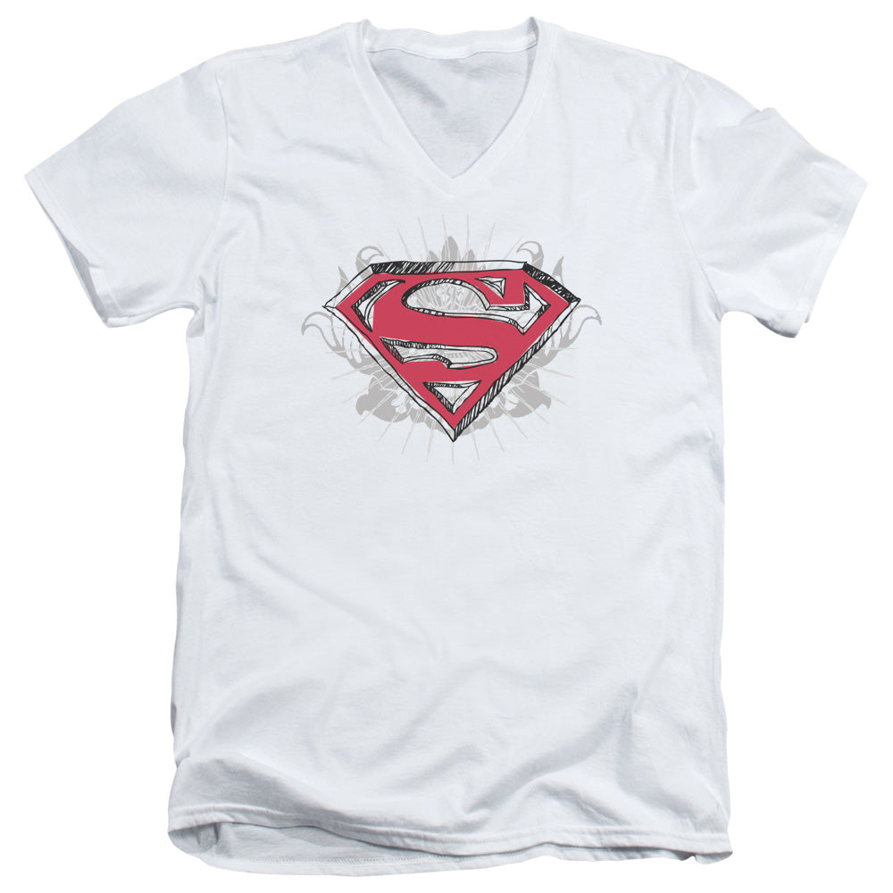 Superman Hastily Drawn Shield S S Adult V Neck White