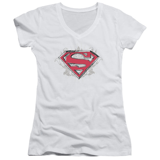 Superman Hastily Drawn Shield Junior Sheer Cap Sleeve V Neck Womens T Shirt White