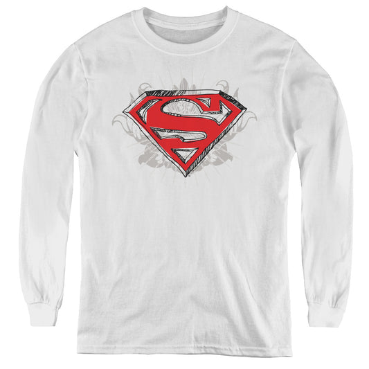 Superman Hastily Drawn Shield Long Sleeve Kids Youth T Shirt White