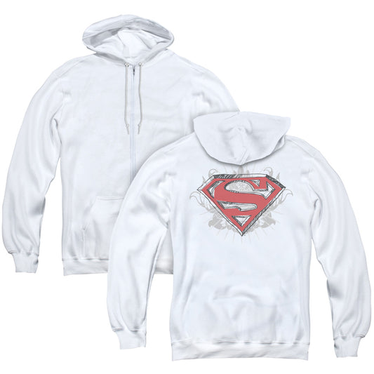 Superman Hastily Drawn Shield Back Print Zipper Mens Hoodie White