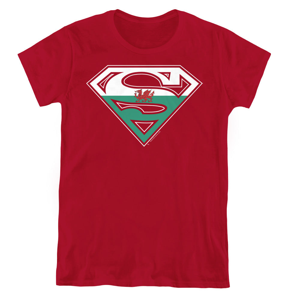 Superman Welsh Shield Womens T Shirt Cardinal